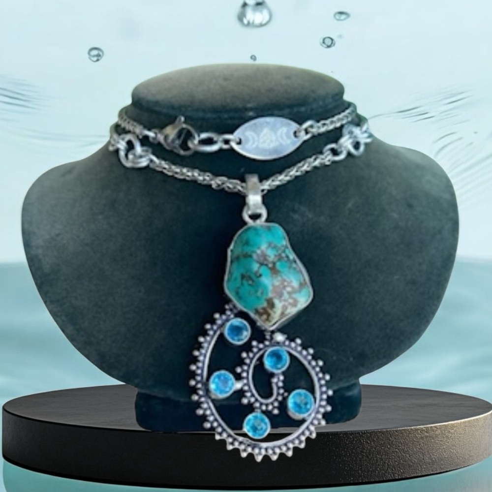 925 Sterling silver overlay natural blue turquoise spiral design necklace - Picture 9 of 10